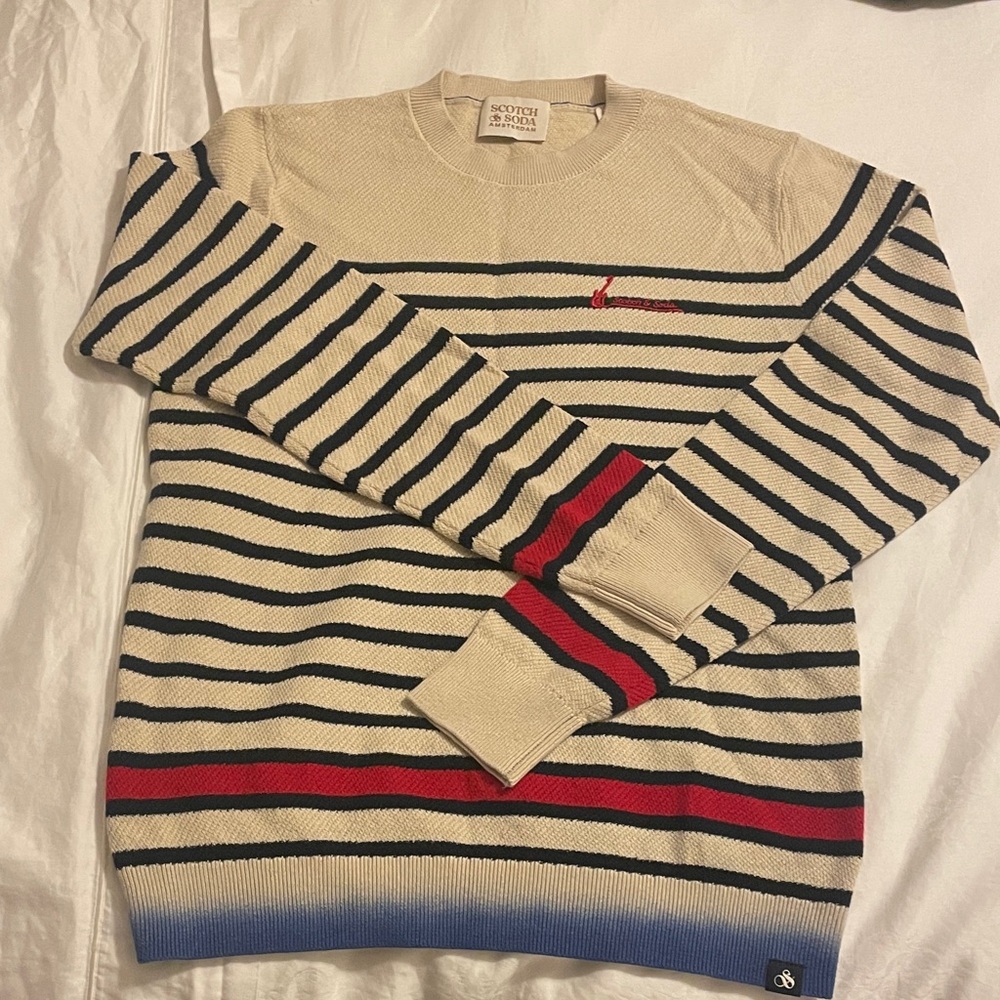 Scotch & Soda Big boy's Cream and Red Striped Crewneck Sweater